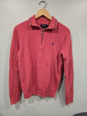 Polo Ralph Lauren Quarter Zip Mens SMALLCoral Pink Pima Cotton Honeycomb Sweater